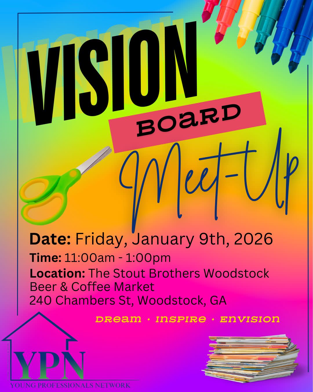 Flyer with mulitcolor background and scissors\, magazines and markers